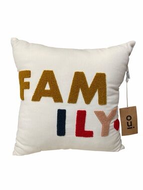 OUI by Indigo “Family” Throw Pillow Tufted Text Neutral Home Decor Accent NWT
